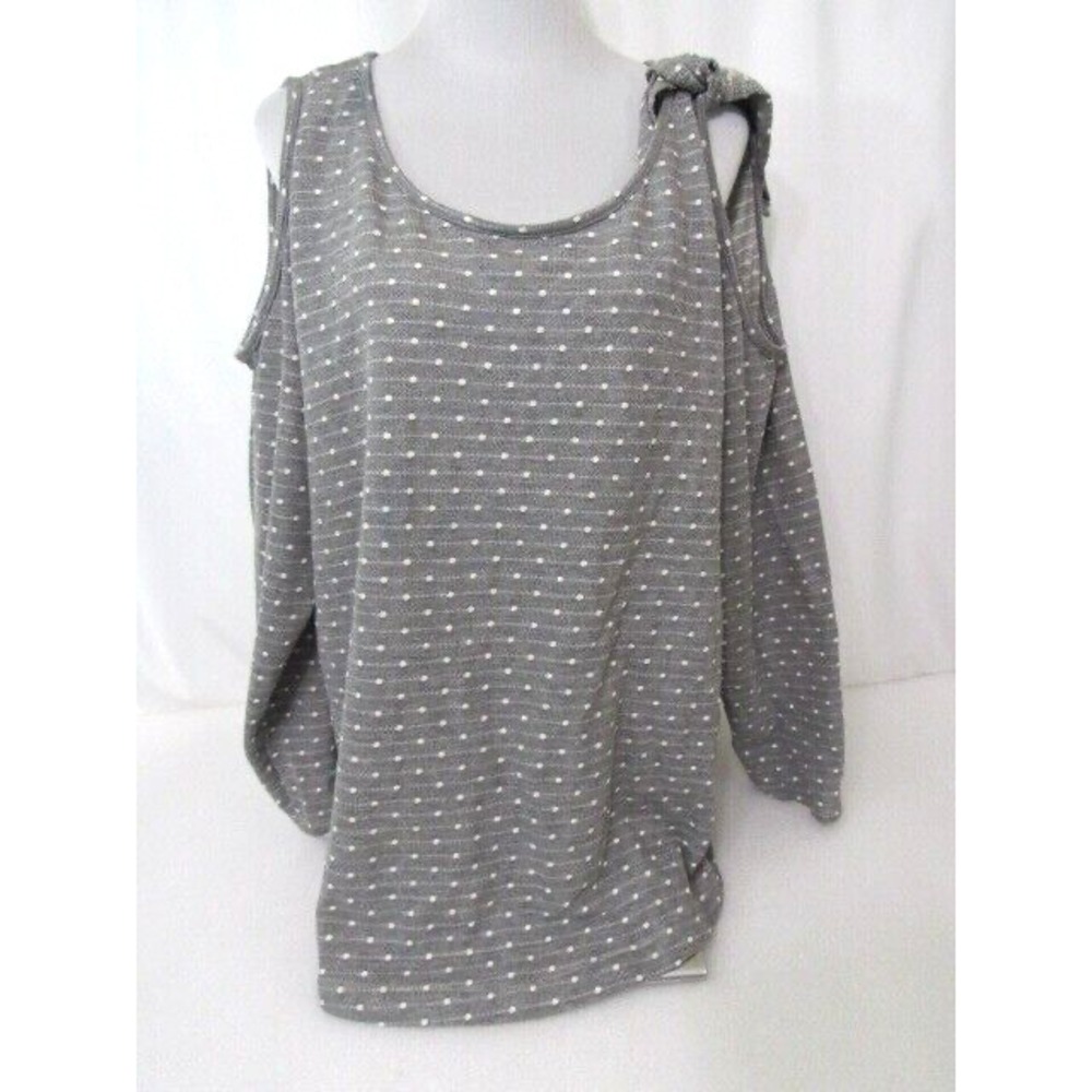 LANE BRYANT Top Size 26/28 Round Neck Shoulder Cut Long Sleeves Grey Polka Dot‎